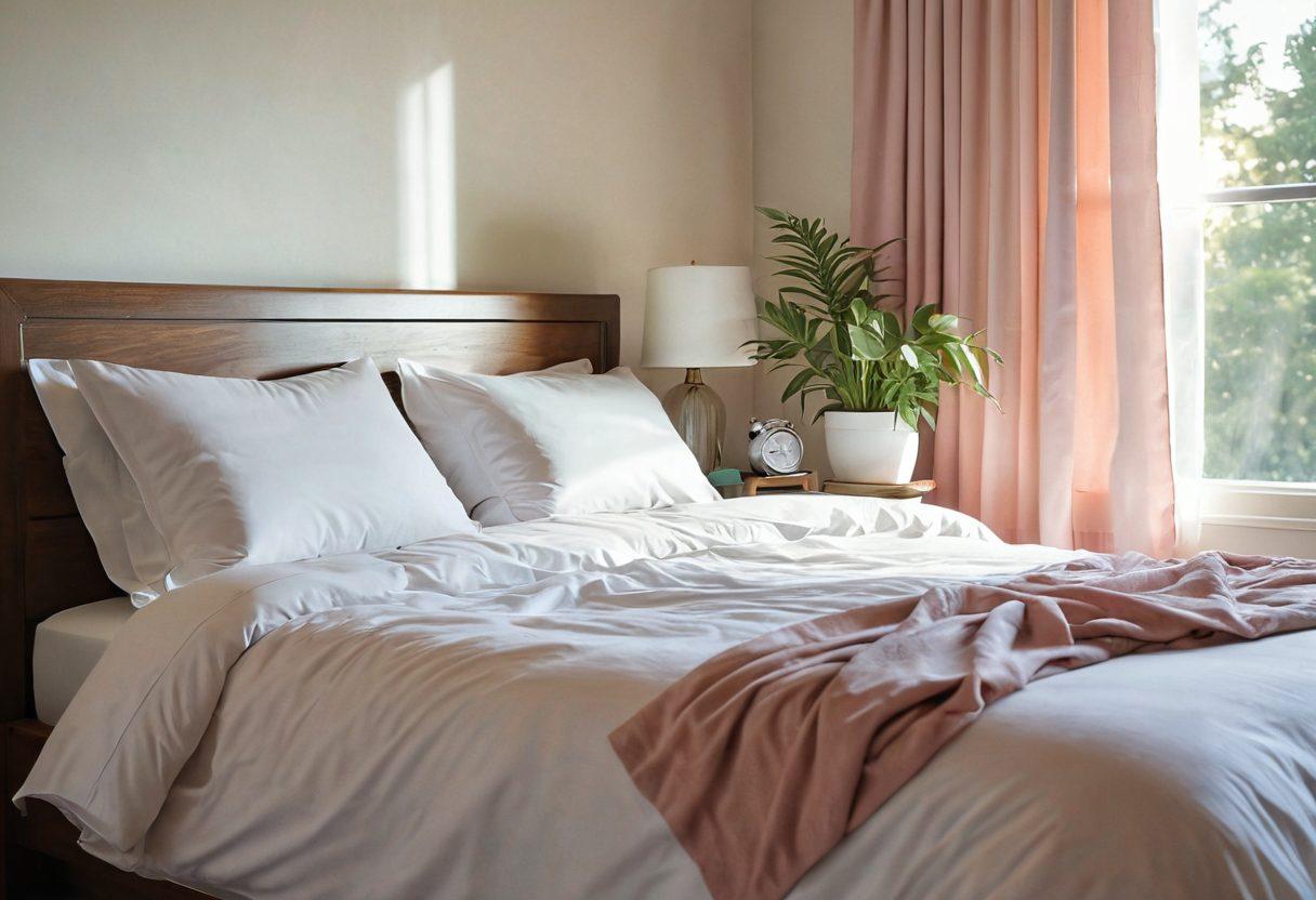A serene bedroom scene featuring a cozy bed adorned with soft pastel-colored sheets, a cheerful bedside table with a small plant, and a glowing alarm clock. A CPAP machine sits elegantly at the side, with gentle rays of morning light filtering through the curtains. The overall atmosphere exudes tranquility and wellness, inviting viewers to envision restful nights. super-realistic. vibrant colors. calming background.