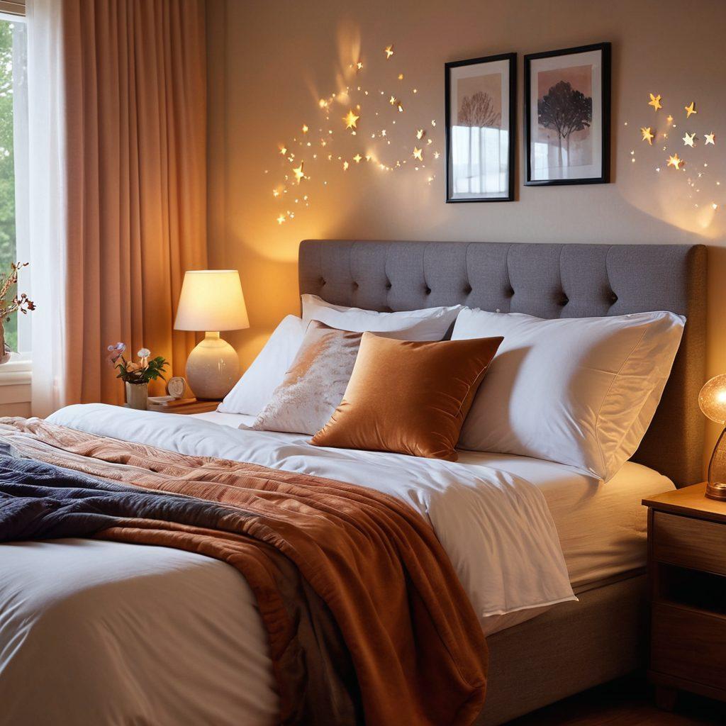 An inviting bedroom scene featuring a cozy bed with a CPAP machine on the nightstand, soft pillows, and calming night lamps. Show a person peacefully sleeping with a CPAP mask, surrounded by soothing colors and gentle shadows that evoke tranquility. Include serene elements like a window showing a starry night sky, symbolizing restful nights. super-realistic. warm colors. peaceful ambiance.
